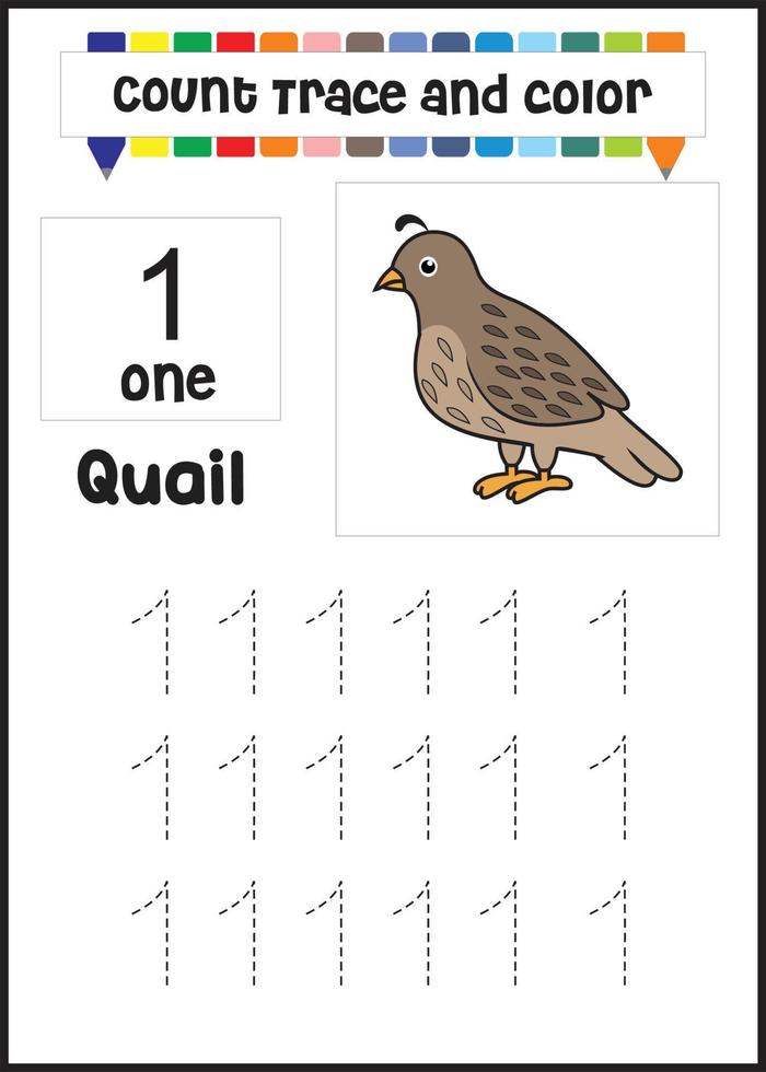 number trace and color quail. count quail vector