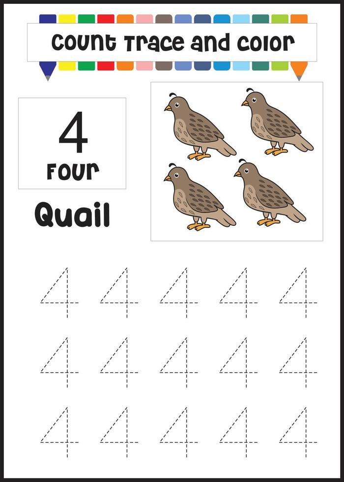 number trace and color quail. count quail vector
