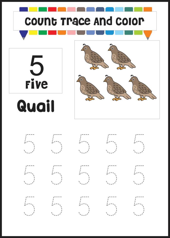 number trace and color quail. count quail vector