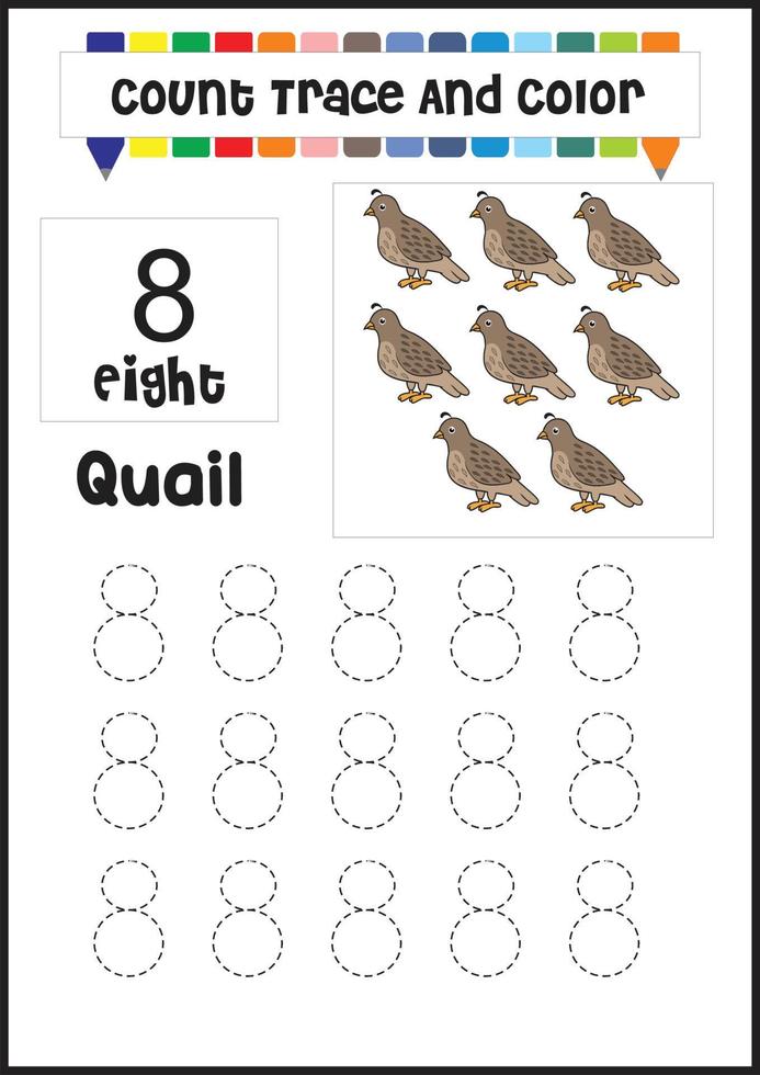 number trace and color quail. count quail vector