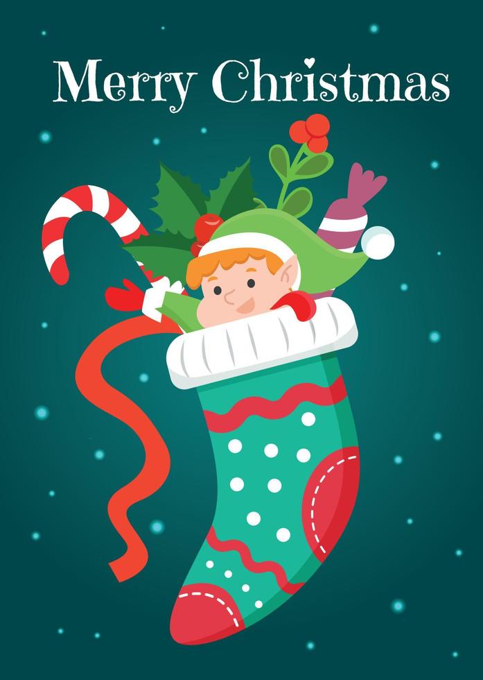 A Christmas card with a funny elf peeking out of a Christmas sock with gifts. Vector illustration.