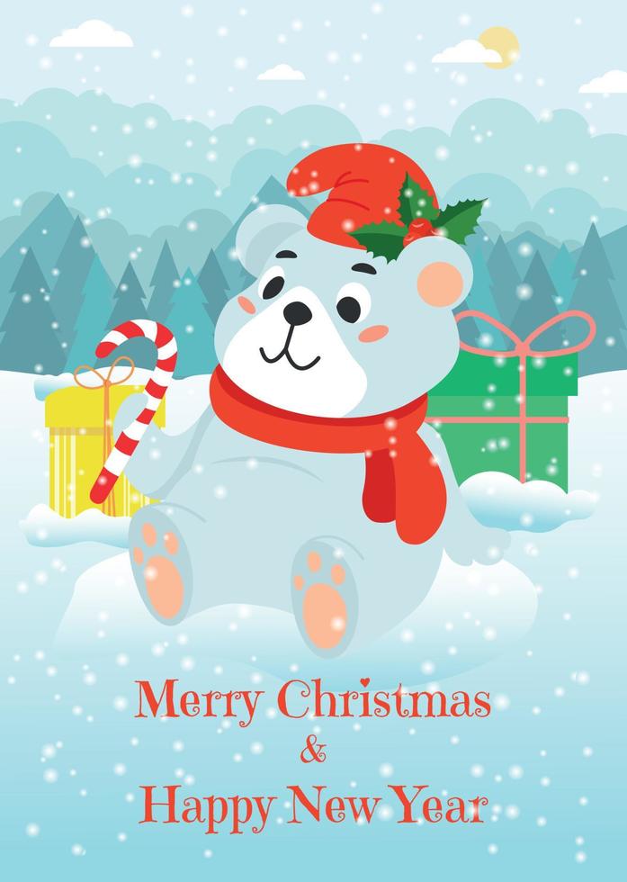 Christmas card with a white bear in a hat and a candy on the edge of the forest. Vector illustration.