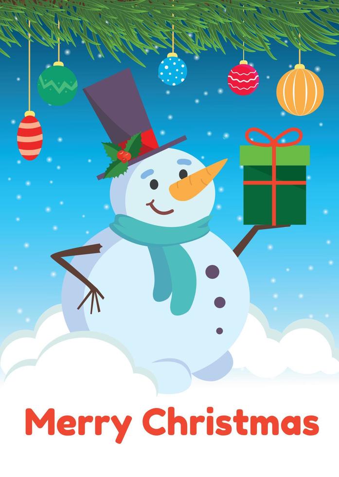 Christmas card with a happy snowman in a tall hat. Vector illustration.
