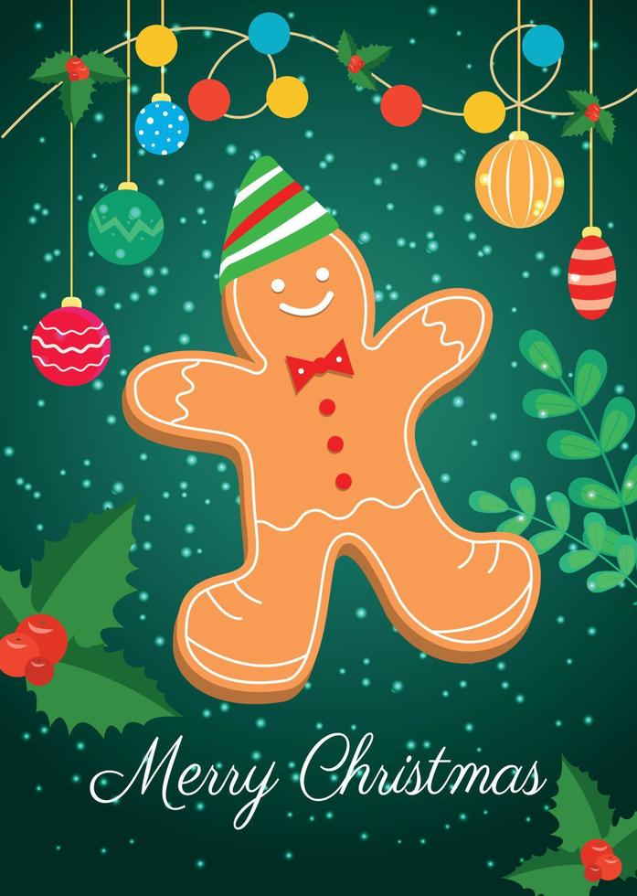 A holiday card with a Christmas gingerbread man in a cap. Vector illustration.