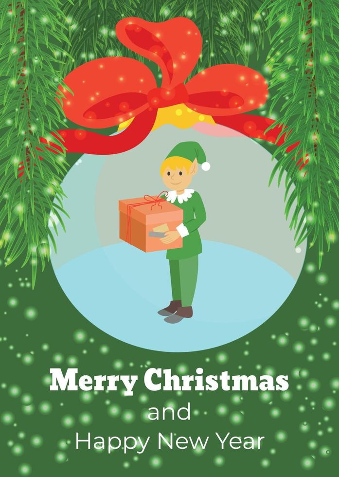 Christmas card with an elf in a glass Christmas ball with a red bow. Vector illustration.