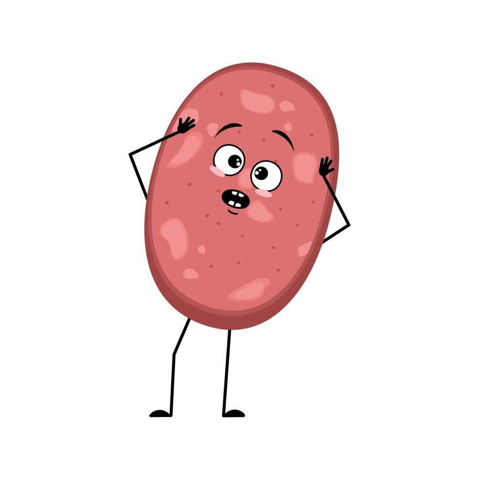 Cute sausage character with emotions in panic grabs his head, surprised face, shocked eyes, arms and legs. Fun meal or meat snack. Vector flat illustration