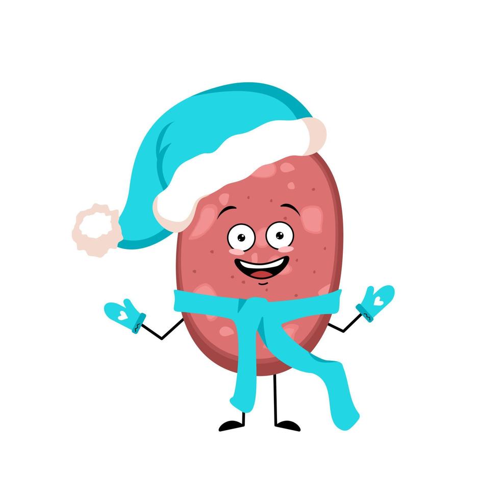Cute sausage character with joyful emotions, happy face, smile, eyes, arms and legs in Santa hat with scarf and mittens. Fun meal or meat snack. Vector flat illustration