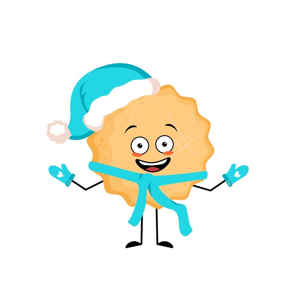 Cute milk cookie character with joyful emotions, happy face, smile, eyes, arms and legs in Santa hat with scarf and mittens. Vector flat illustration