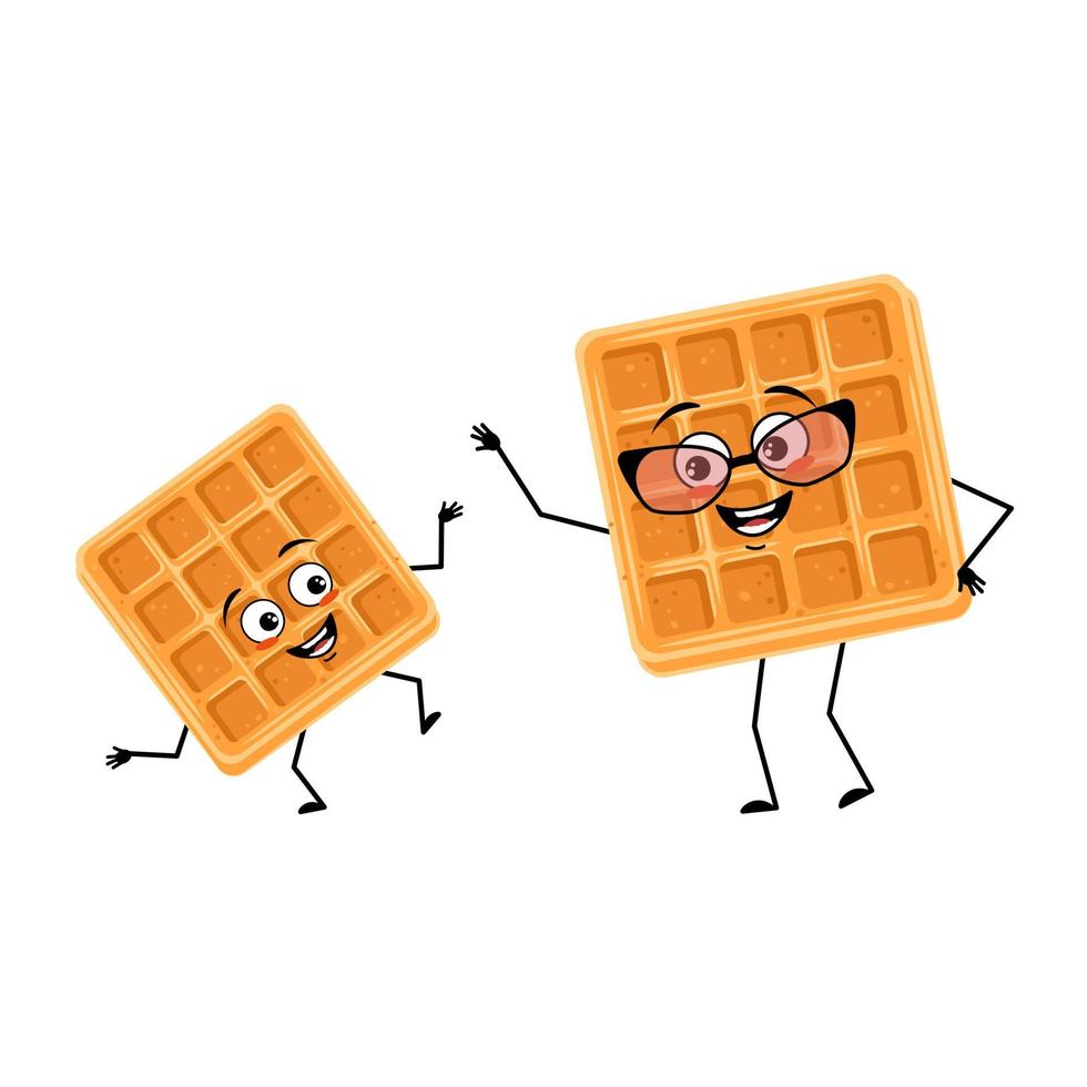 Cute character belgian waffle with happy emotions, face, smile, eyes, arms and legs. Cheerful baking people, dessert with joyful expression. Grandmother with glasses and grandson. Vector illustration