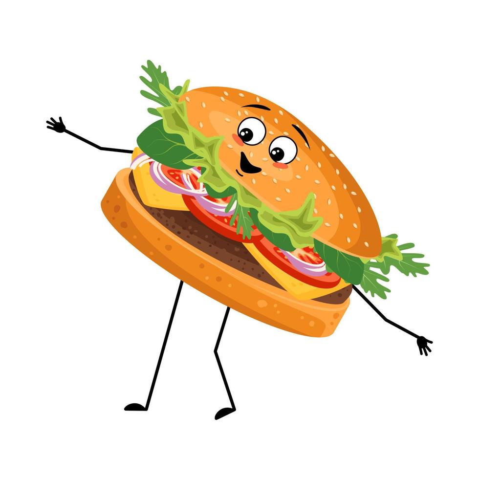 Cute character hamburger with happy emotions, face, smile, eyes, arms and legs. Cheerful fast food person, sandwich with joyful expression. Vector flat illustration of products and meat meals