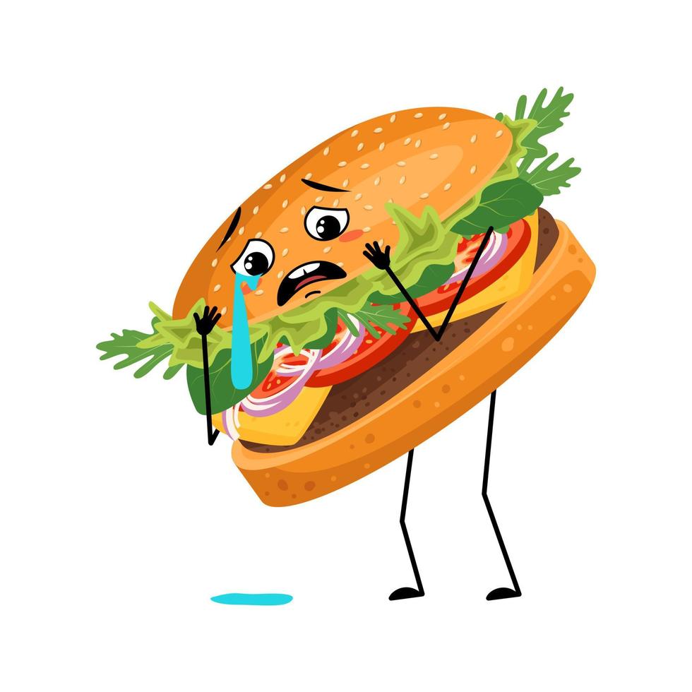 Cute character hamburger with crying and tears emotion, sad face, depressive eyes, arms and legs. Fast food person, sandwich with melancholy expression. Vector flat illustration of products