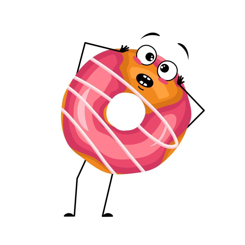 Cute glazed donut character with emotions in panic grabs his head, surprised face, shocked eyes, arms and legs. Man baking dessert with scared expression. Vector flat illustration