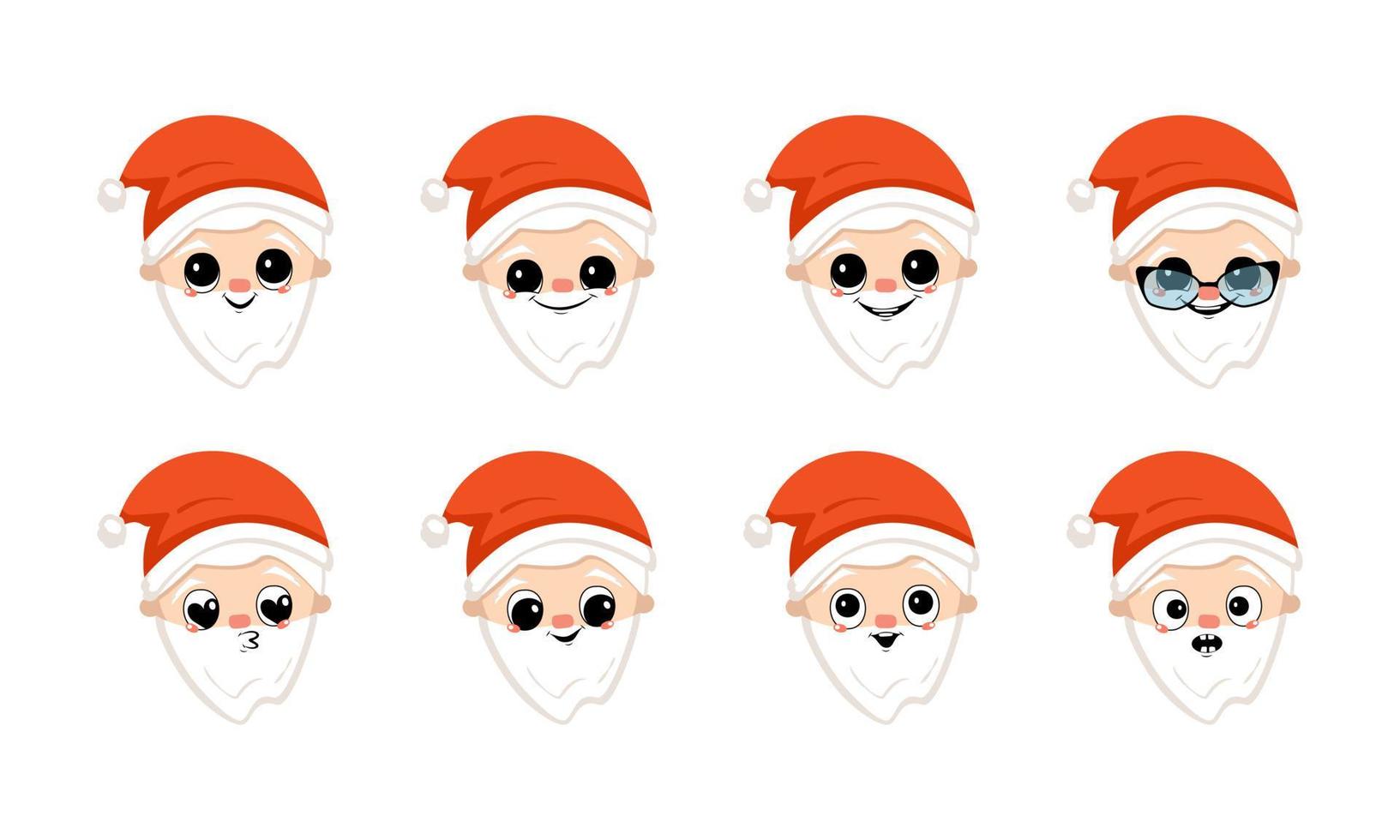 Santa Claus with happy smile in red cap. Cute character with joyful face in festive costume for New Year and Christmas. Head with set of funny and scared emotions. Vector flat illustration