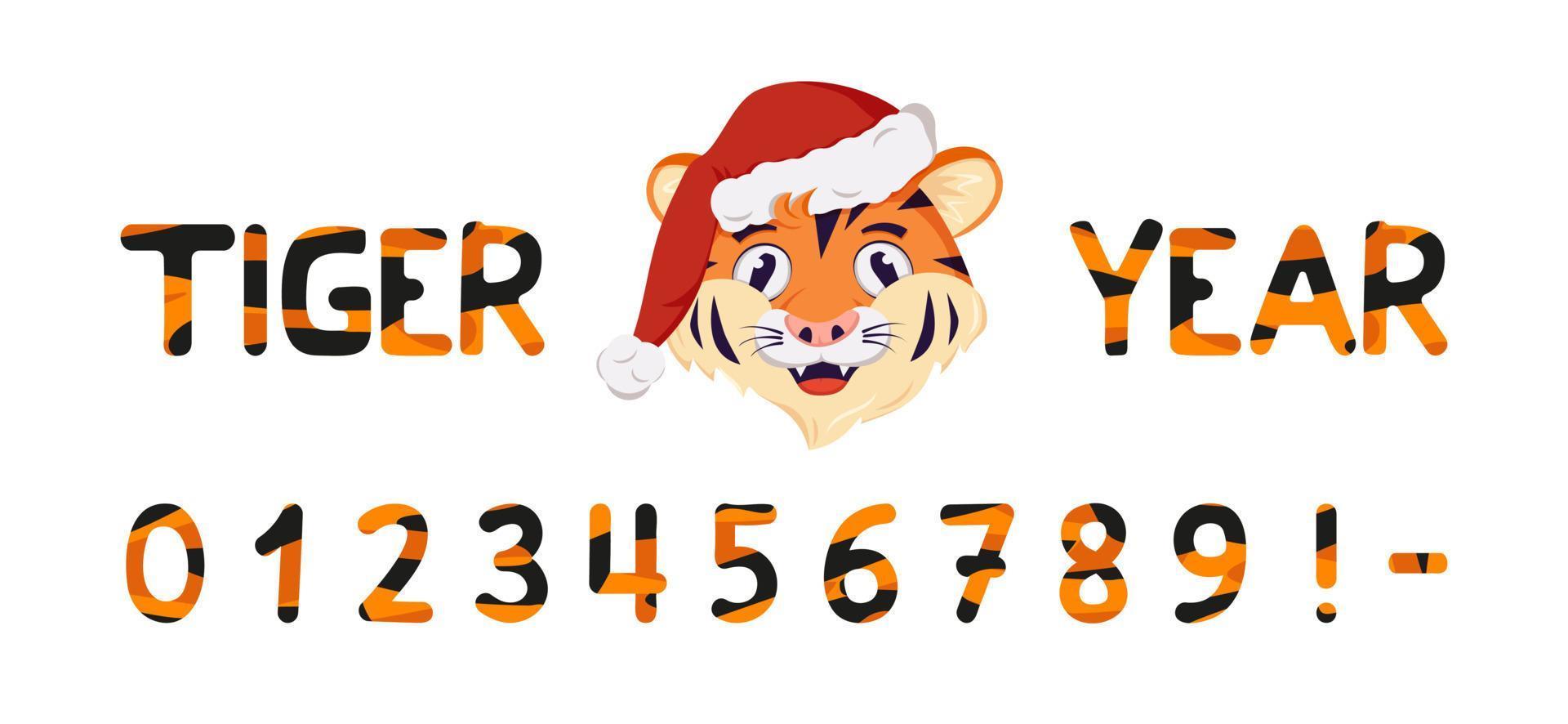 Numbers with striped tiger pattern and muzzle of animal predator in Santa hat. Festive orange font with black stripes or decoration for New Year and Christmas or winter holiday vector