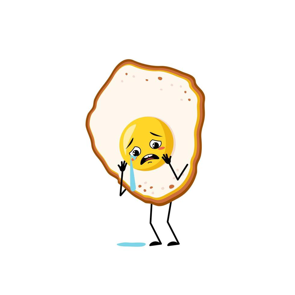 Cute character scrambled eggs with yolk and protein, with crying and tears emotion, sad face, depressive eyes, arms and legs. Fun food for breakfast with melancholy expression vector