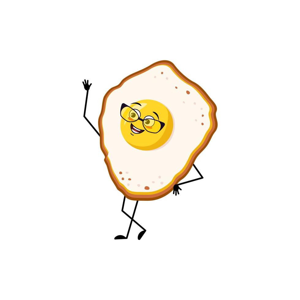 lindo personaje huevos revueltos con yema y proteína, con emociones alegres, cara feliz, sonrisa, ojos, brazos y piernas. comida divertida para el desayuno. vector ilustración plana