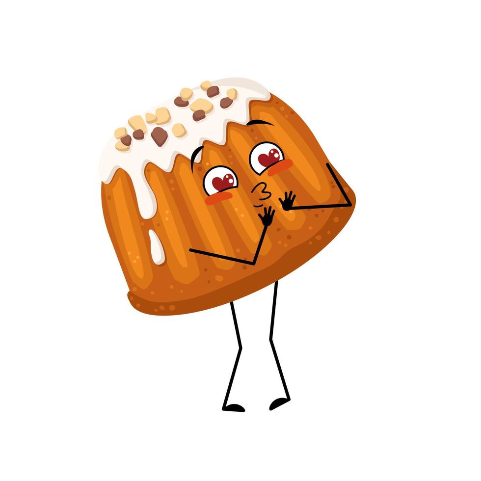 lindo muffin glaseado con carácter de chispas de nueces con emociones de amor, cara de sonrisa, brazos y piernas. persona para hornear, bollo con expresión amorosa. vector ilustración plana