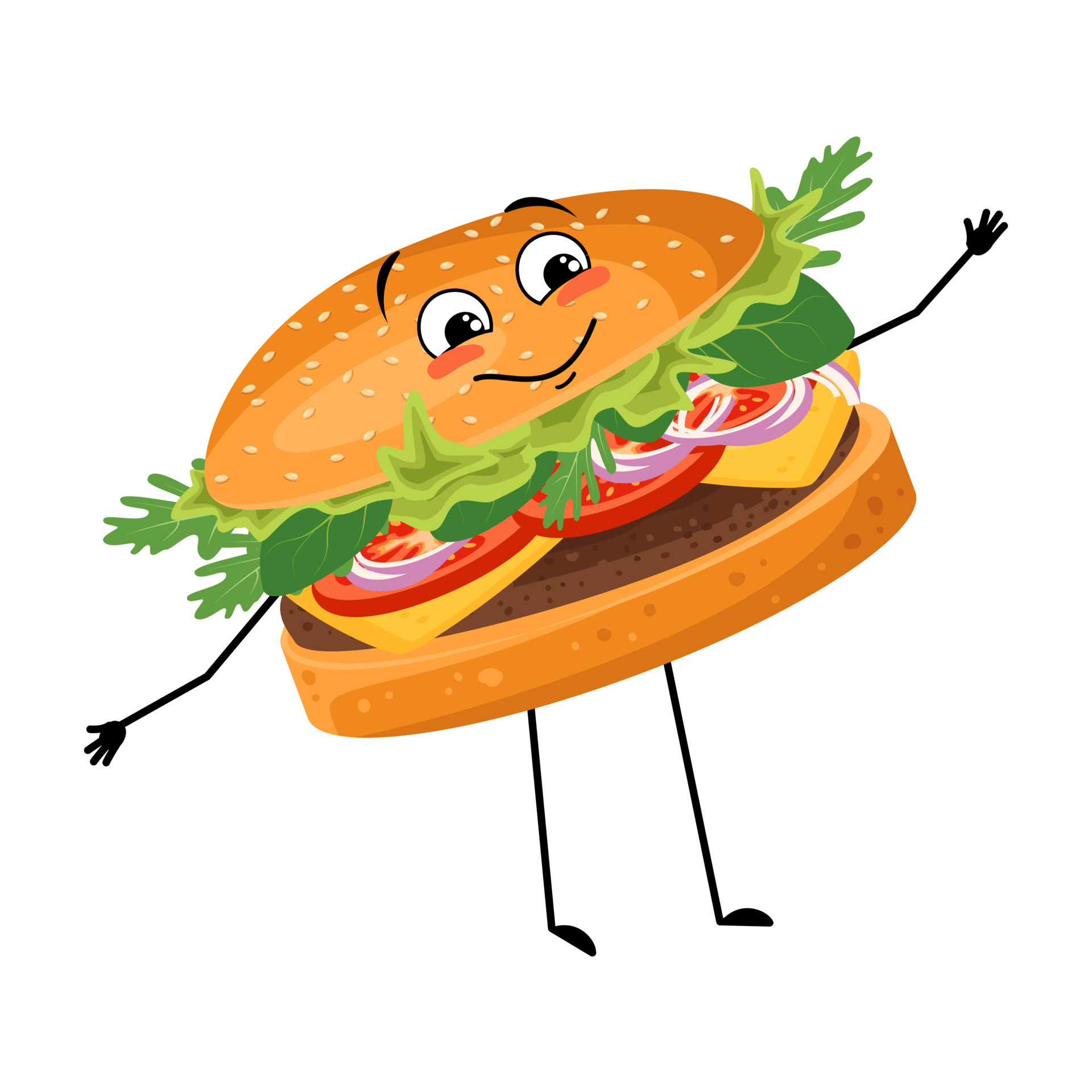 Cute character hamburger with happy emotions, face, smile, eyes, arms and legs. fast food sandwich with joyful expression. Vector illustration products and meat meals 4464919 Vector Art at