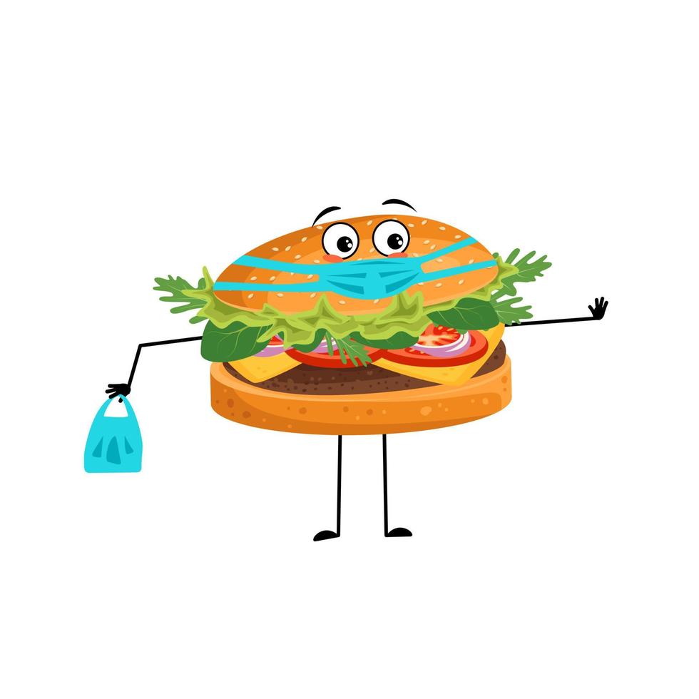 Cute character hamburger with sad emotions, face and mask keep distance, hands with shopping bag and stop gesture. Vector flat illustration of products and meat meals