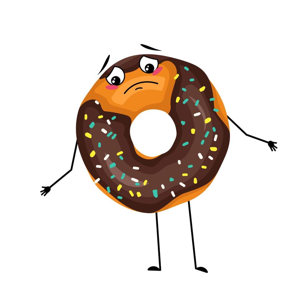 Cute glazed donut character with crying and tears emotion, sad face, depressive eyes, arms and legs. Baking dessert with melancholy expression. Vector flat illustration