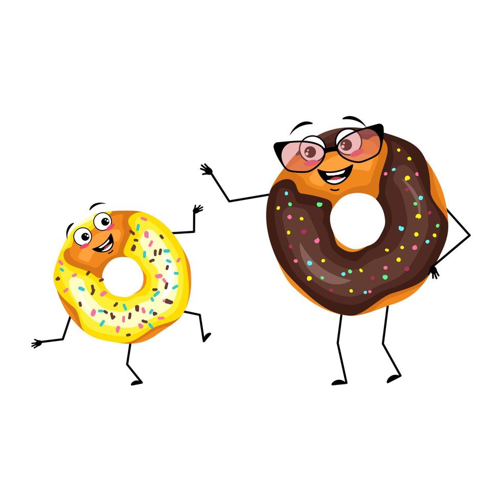 Cute glazed donut character with happy emotions, face, smile, eyes, arms and legs. Cheerful dessert with joyful expression. Grandmother with glasses and grandson. Vector flat illustration