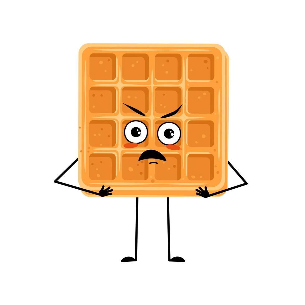 Cute character belgian waffle with angry emotions, grumpy face, furious eyes, arms and legs. Irritated baking person, dessert with furious expression. Vector flat illustration