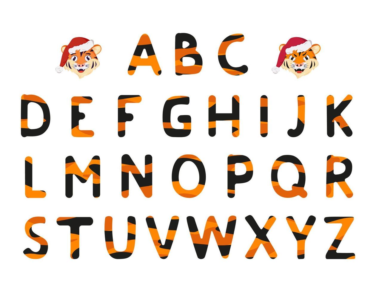 Alphabet from tiger pattern and muzzle of animal predator in Santa hat. Festive orange font with black stripes or decoration for happy New Year and Christmas, sign and letters of different shapes vector