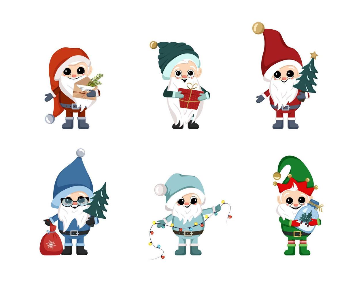 conjunto de pequeños gnomos de invierno con larga barba blanca, cara feliz y artículos navideños. personaje para el diseño de año nuevo, navidad e invierno. vector