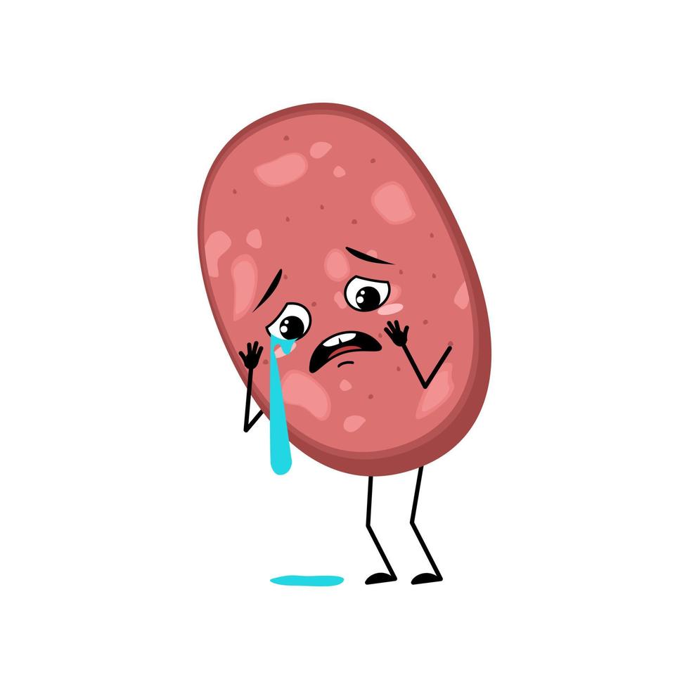 Cute sausage character with crying and tears emotion, sad face, depressive eyes, arms and legs. Fun meal or meat snack with melancholy expression. Vector flat illustration