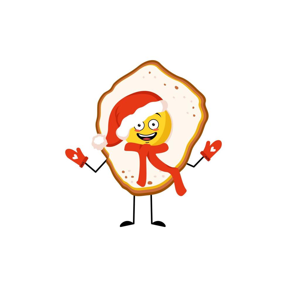 Cute scrambled eggs character with joyful emotions, happy face, smile, eyes, arms and legs in red Santa hat with scarf and mittens. Fun food for breakfast. Vector flat illustration