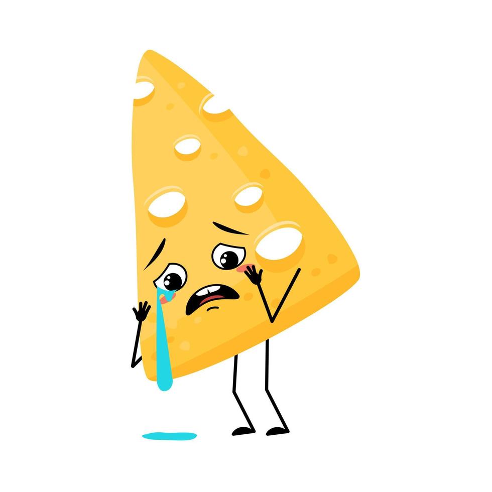 Cute cheese character with crying and tears emotion, sad face, depressive eyes, arms and legs. Melancholy dairy meal or snack. Vector flat illustration