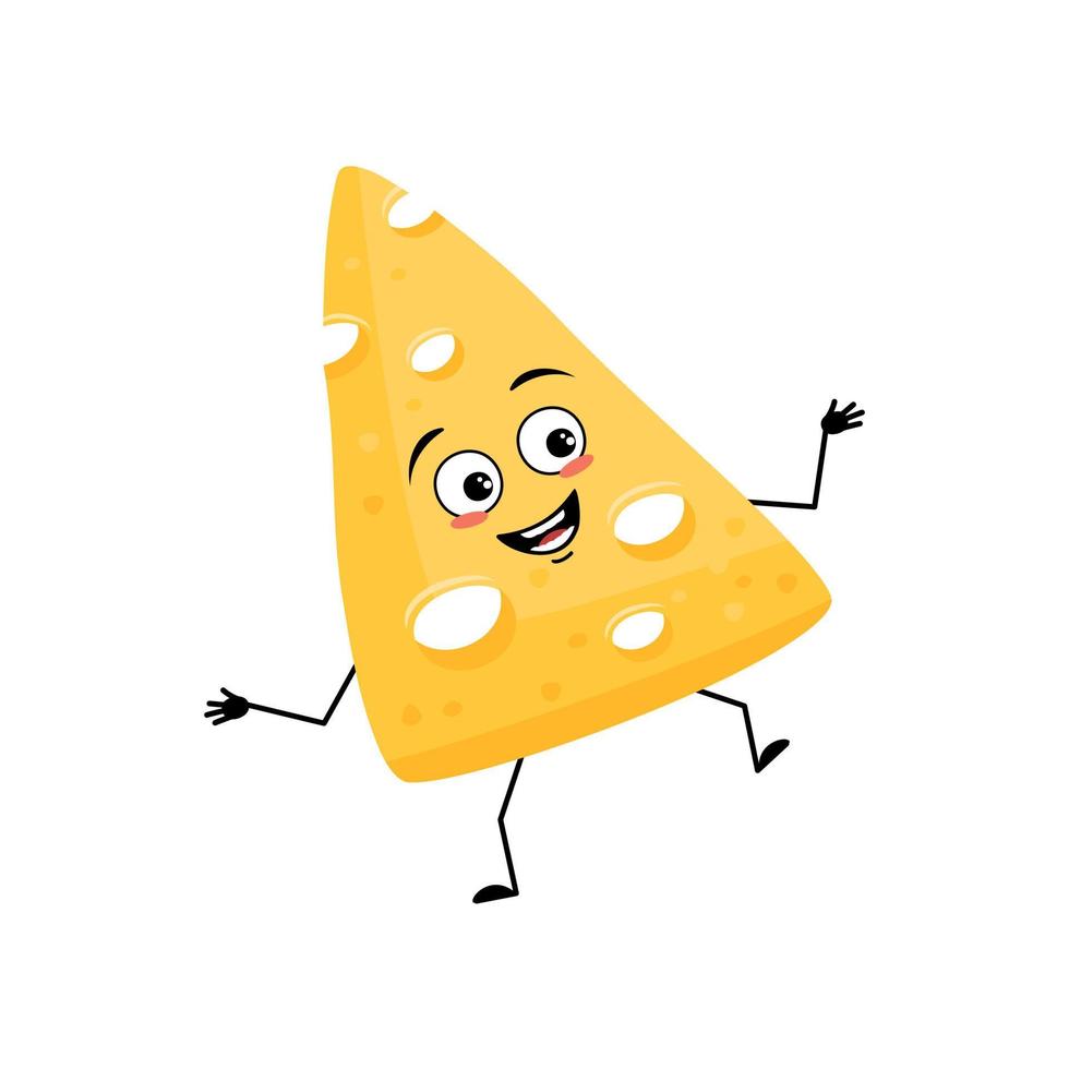 lindo personaje de queso con emociones alegres, cara feliz, sonrisa, ojos, brazos y piernas. comida láctea divertida o merienda. vector ilustración plana