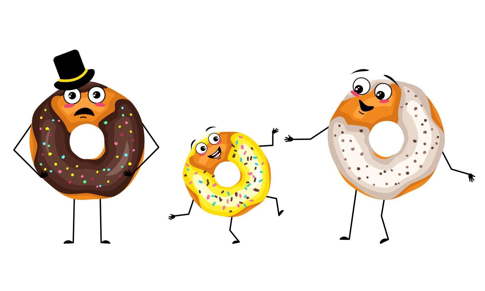 Family of glazed donut characters with joyful emotions, smile face, happy eyes, arms and legs. Mom is happy, dad is wearing hat and child is dancing. Vector flat illustration