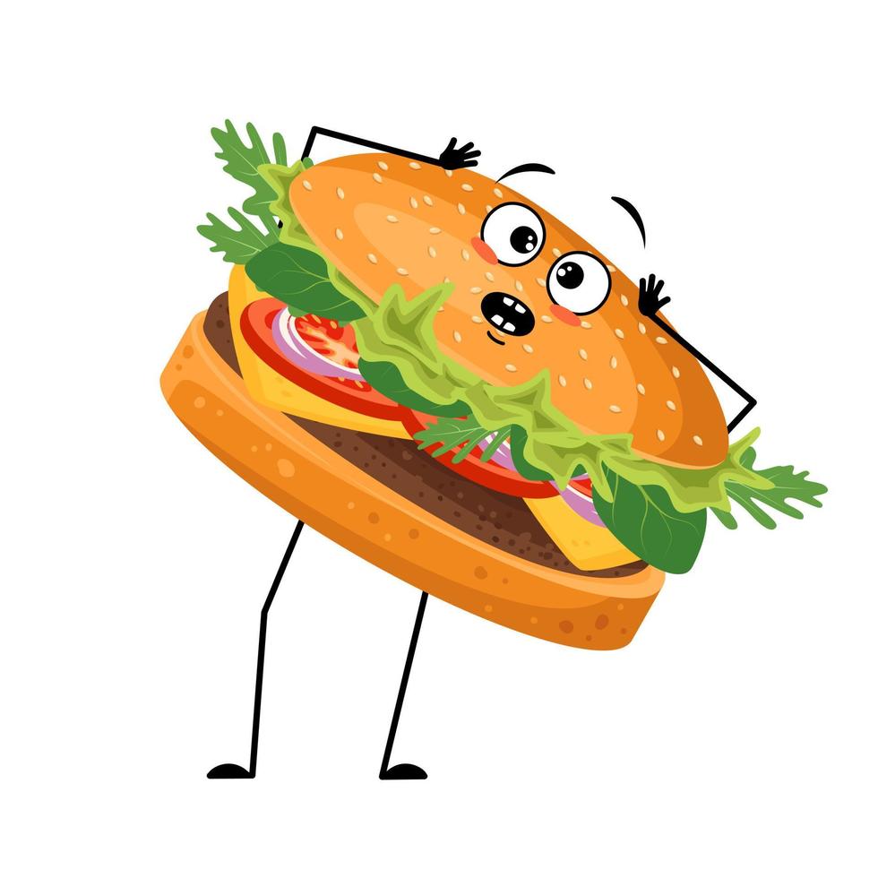 Cute character hamburger with emotions in panic grabs his head, surprised face, shocked eyes, arms and legs. Cheerful fast food person, sandwich with scared expression vector