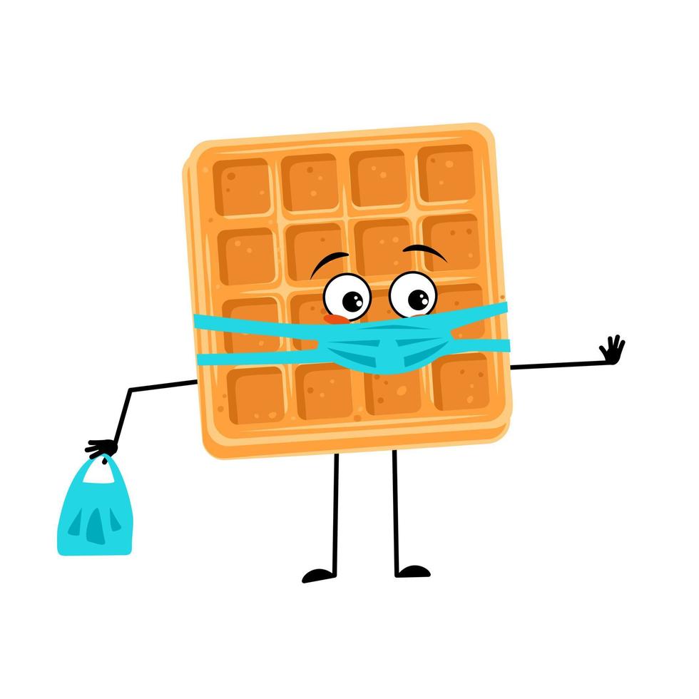 Cute character belgian waffle with sad emotions, face and mask keep distance, hands with shopping bag and stop gesture. Vector flat illustration