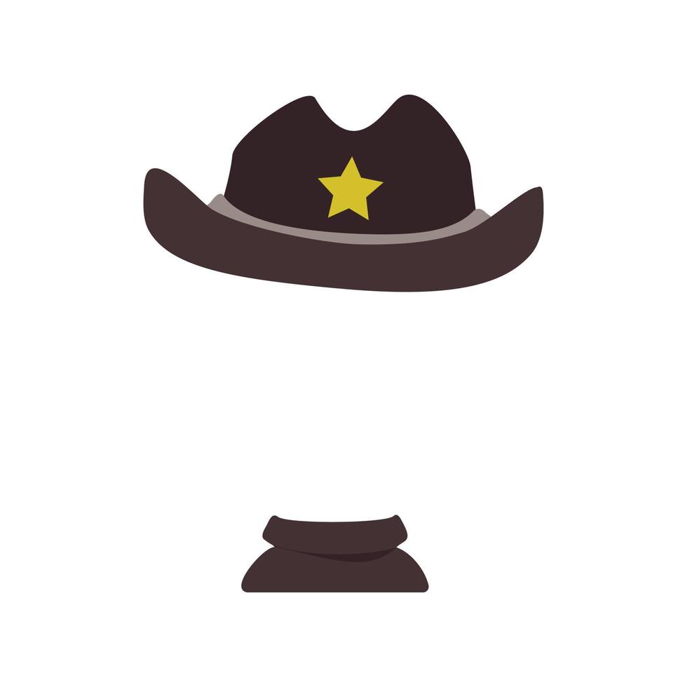 Sheriff hat with yellow star and scarf for holiday or party. Template or frame for head. Headdress, item of clothing, children accessory. Vector flat illustration