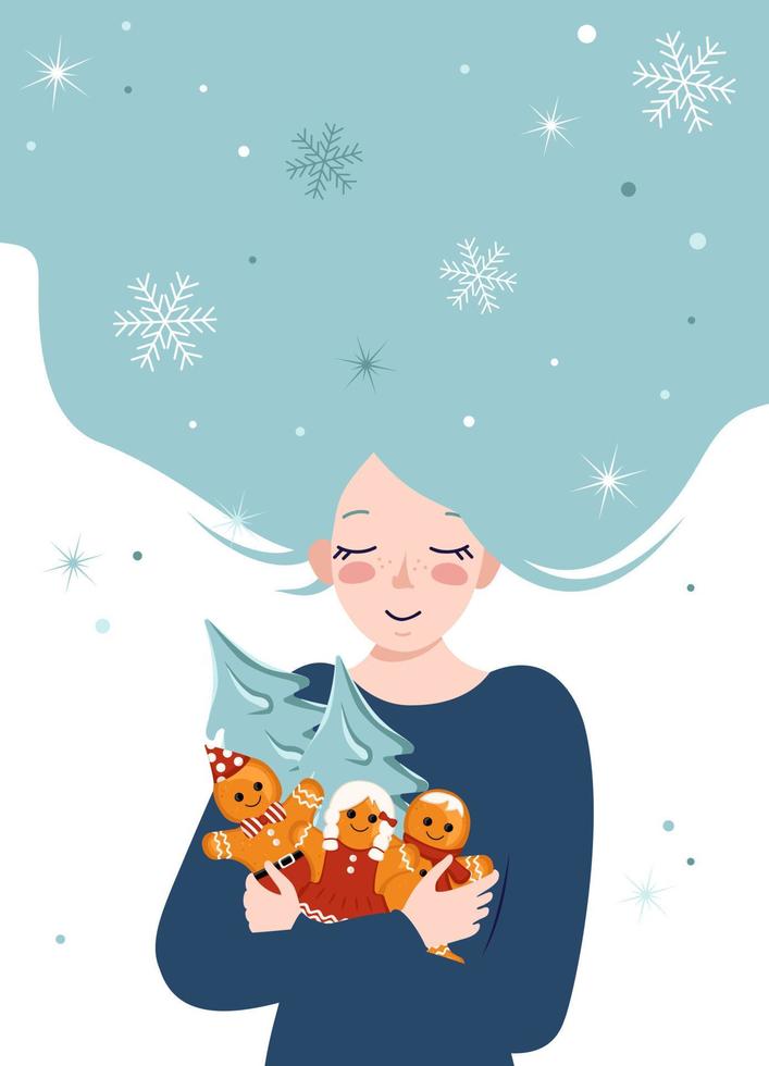 mujer joven con cabello azul abraza decoraciones para año nuevo y navidad de hombres de pan de jengibre y árbol. niña feliz está esperando el invierno. postal navideña vector