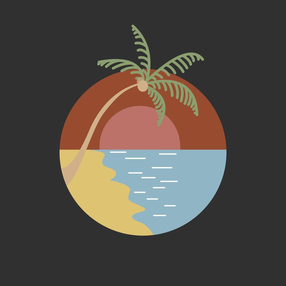 Palm Tree, Sunset And The Sea In A Circle. A Hand-Drawn Vector. For Prints On T-shirts, Posters And Other Purposes. vector