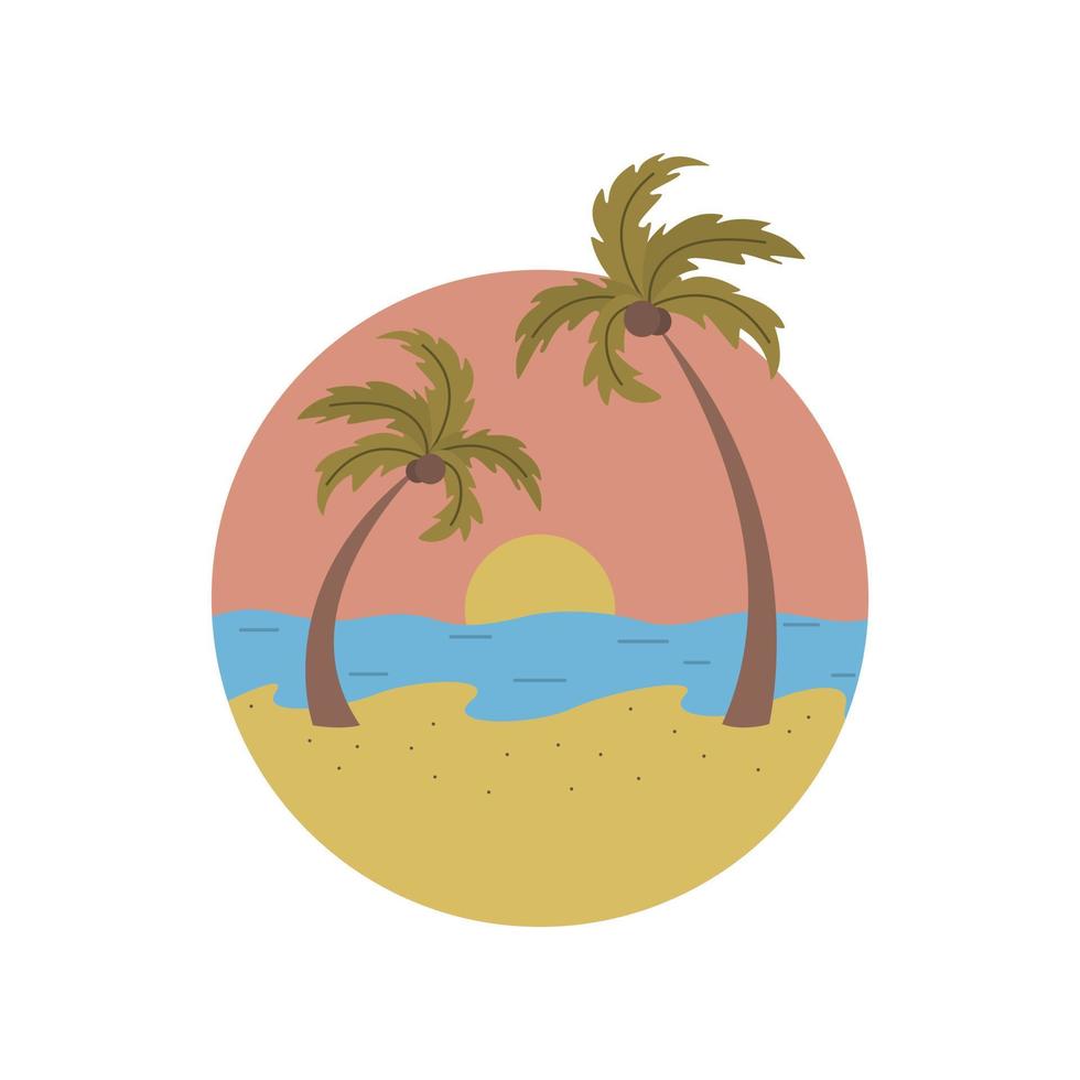 Palm Trees, Sunset And The Sea In A Circle. A Hand-Drawn Vector. For Prints On T-shirts, Posters And Other Purposes. vector
