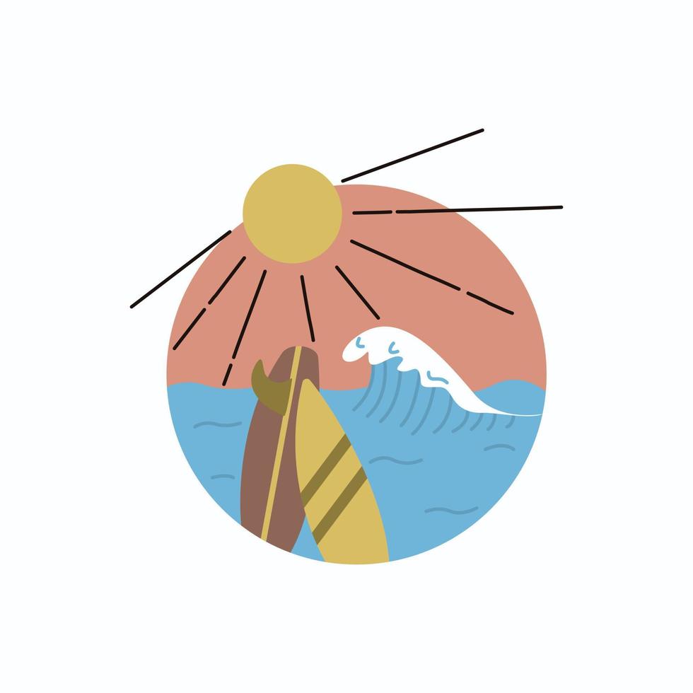 Surfboards, Wave And Sea In A Circle. A Hand-Drawn Vector. For Prints On T-shirts, Posters And Other Purposes. vector