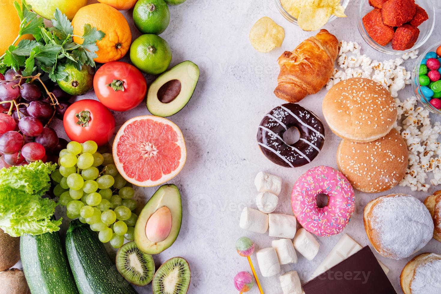 Healthy and unhealthy food top view flat lay photo
