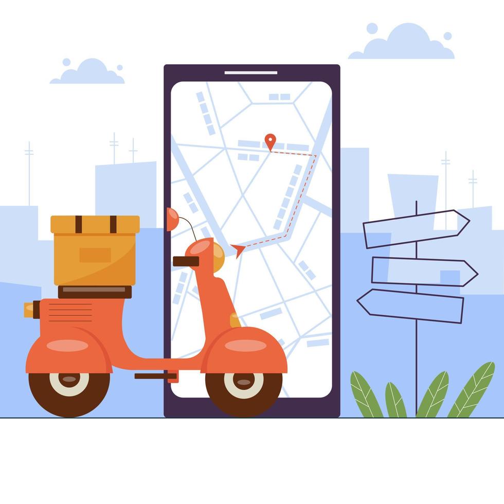 City delivery service on electric scooter. Red bike with parcel on board. Mobile smartphone with a map and route, way mark on metropolis background. Online food or goods order package shipping. vector