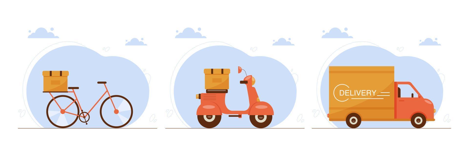 Delivery service concept. Courier set of bicycle, scooter and truck. Goods and food express transportation. Vector illustration in flat style.