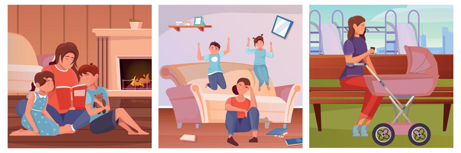 Motherhood Three Flat Illustrations vector