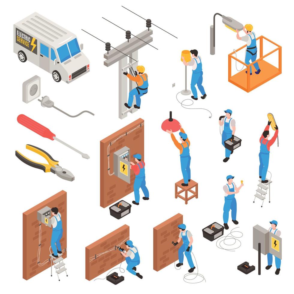 Electrician Isometric Icons Set vector