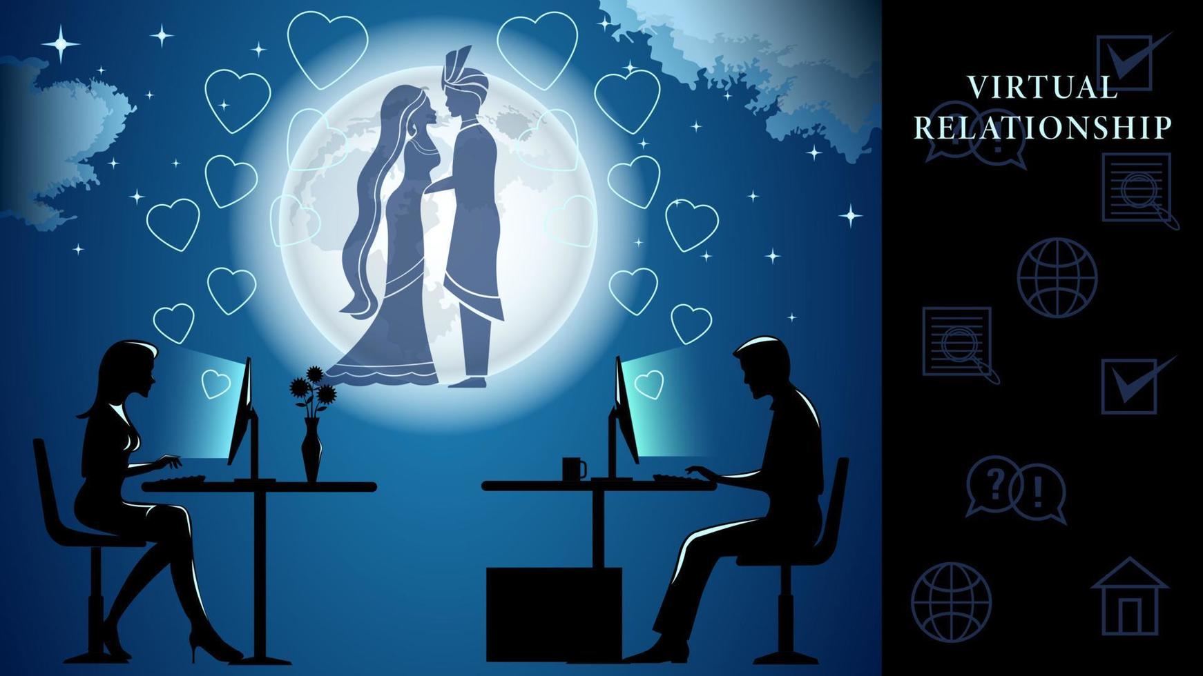 relación virtual mujer y hombre fondo nocturno vector