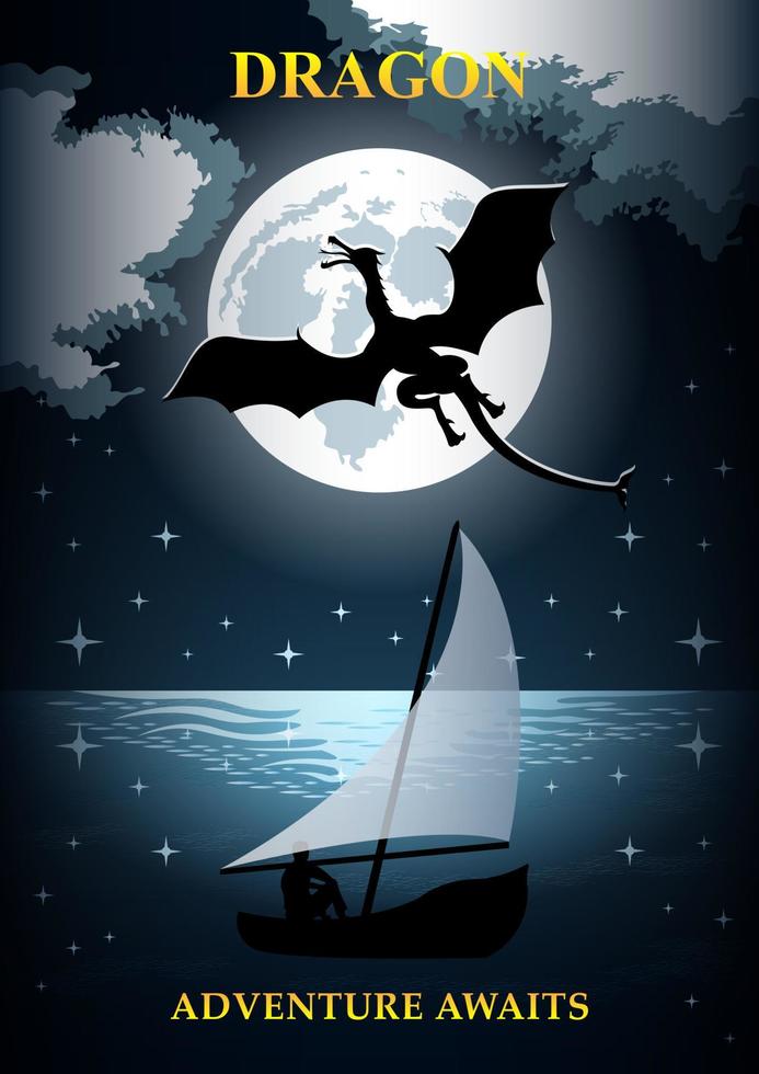 silhouette dragon moon poster vector