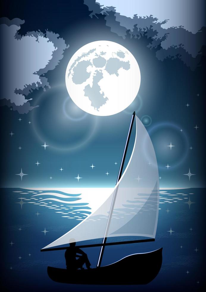 Man in sailboat at moonlight silhouette vector