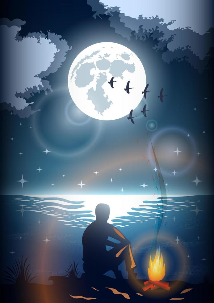 silhouette man sitting by fire night background vector