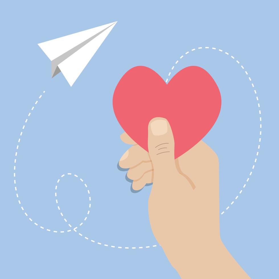 Hand holds red heart. St. Valentine day card concept. Vector illustration with paper plane flying on blue background.